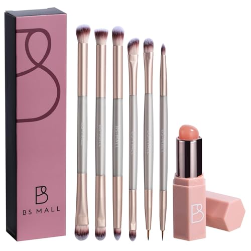 BS-MALL 6 Pcs Double-ended makeup brush set with Silicone Lip brush - eyeshadow Brush, concealer Brush, blush brush for Even application, Multi-purpose Portable makeup brushes for Daily Use (Golden)
