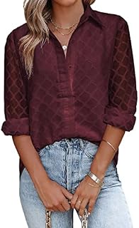 APOONABA Women Elegant Tops V Neck Solid Color Casual Shirts Plaid Blouse with See-Through Sleeves