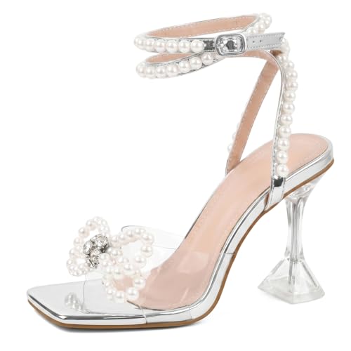 Image of Yolkomo Women's Square Toe Clear Heels Sexy Rhinestone Bow Heels Open Toe Ankle Strap Stiletto High Heel Sandals