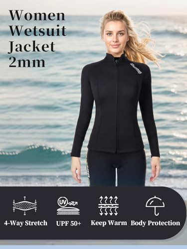 Owntop Chaqueta de Traje de Neopreno para Mujeres - Tops De Traje de Neopreno de 2mm de Manga Larga con Cremallera Frontal para Buceo Surf Snorkel Natación, Mujer Negro L - imagen 3