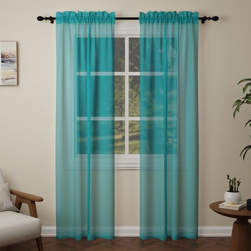 Image of Pacok Teal Voile Curtains, 84 Drop 2 Panels Net Curtain for Windows, Rod Pocket Sheer Curtain Panel Voile Curtains for Living Room Kitcken Bedroom W56xL84 Inch(Teal, 142 x 213cm)