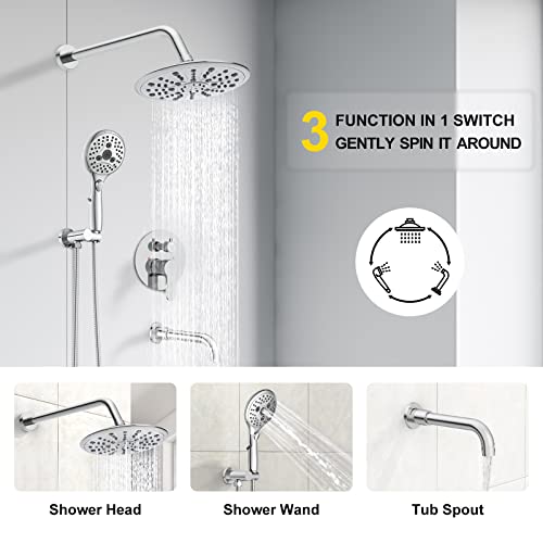 Suncleanse Bathtub Faucet Shower System: Wall Mounted 8.5" Rainfall Head Set - 7-Spray High Pressure Handheld Complete Combo - Valve With Trim Kit - Polished Chrome Tub Spout For Rain Luxury Bathroom #TOP2