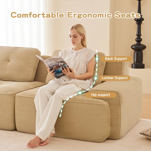 Image of 153 inch Extra Large 4-Seater Modular Boneless Couch, Luxury Corduroy Fabric, Deep Seat Cloud sectional Sofa with Buckle Connection, No Assembly Anti-Slip Couch for Big Living Room, Camel