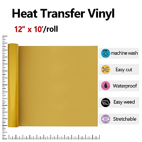 Image of RENLITONG Golden HTV Iron on Vinyl 12Inch by 10ft Roll HTV Heat Transfer Vinyl for T-Shirt HTV Vinyl Rolls for All Cutter Machine - Easy to Cut & Weed for Heat Vinyl Design