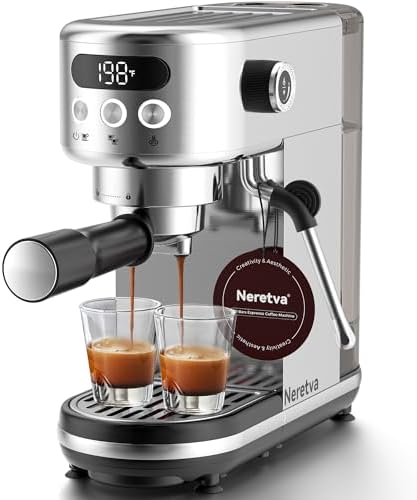 Neretva 20 Bar Espresso Machine, Super Compact Espresso Maker with LED Display & Milk Frother for Home Barista Stainless Steel Professional Coffee Machine Espresso Latte and Cappuccino Maker