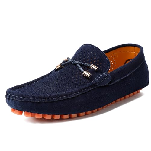 Men's Penny Loafers Suede Driving Moccasins Perforated Slip-On Loafers with Orange Sole Flats Boat Shoes