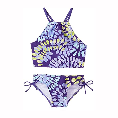 Kids Girls Swimsuit,Two Piece Floral Print Sleeveless Bathing Suits Cute Swimwear for Girls Tankini Suit Beach Bikini Purple