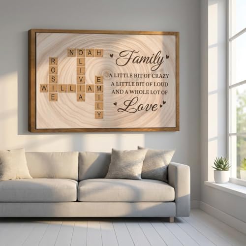 Personalized Family Name Scrabble Crossword Canvas Wall Art Family A Little Bit of Crazy Loud and A Whole Lot of Love Quote Custom Letter Tile Names on Natural Tree Ring Wood Backdrop Framed Canvas Funny Gift for Parents Grandparents Housewarming