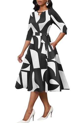 Image of CLOCOR Midi Dresses for Women Casual A-Line Fit and Flare Dress Crewneck 3 /4 Sleeve Keyhole Cocktail Party Church Dress