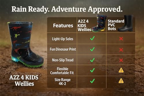 A2Z 4 Kids Boys Girls Dinosaur Print Light Up Wellington Boots PVC Rain - Wellies 1410 Black 6 UK Child - Image 6