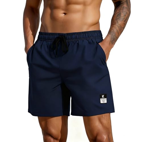 SUNDAY ROSE Mens Swim Trunks 4 Way Stretch Swimming Trunks Mesh Lining Board Shorts Bathing Suits Quick Dry, Dark Blue, S