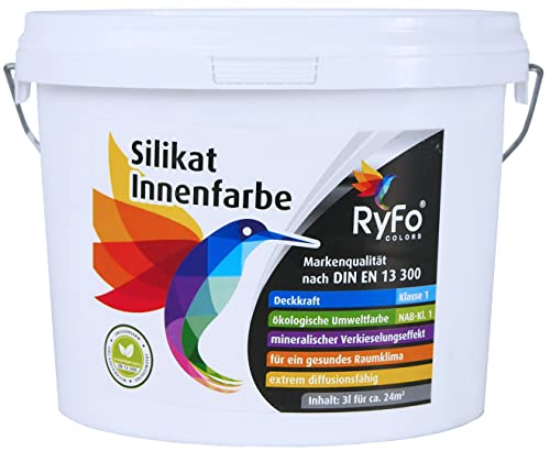 RyFo Colors Silikat Innenfarbe 3l - Mineral-Farbe, Silikatfarbe, Wandfarbe, weiß, Allergiker-geeignet, zertifiziert Deckkraft Klasse 1, Nassabrieb Klasse 1 Cover