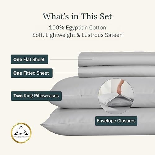 Certified Luxury 100% Egyptian Cotton Bedsheets, California King Bed Sheets, Bedding Sheets & Pillowcases Set, Sateen Cool Sheets for Hot Sleepers, Light Grey Sheets