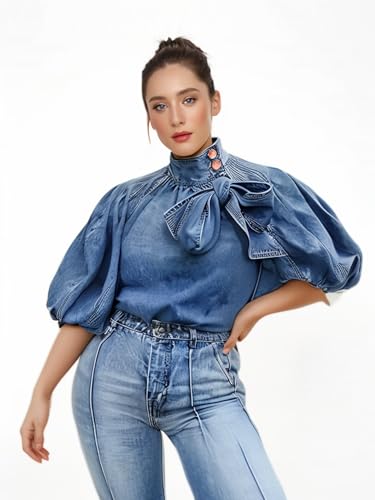 Women's Bow Design Denim Pullover Top Button Up High Neck Fashionable Jacket with Elastic and Puff Sleeves4