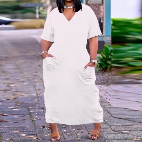 Women Casual T-Shirt Dress V Neck Short Sleeve with Front Two Pockets Solid Color Oversize Dress2
