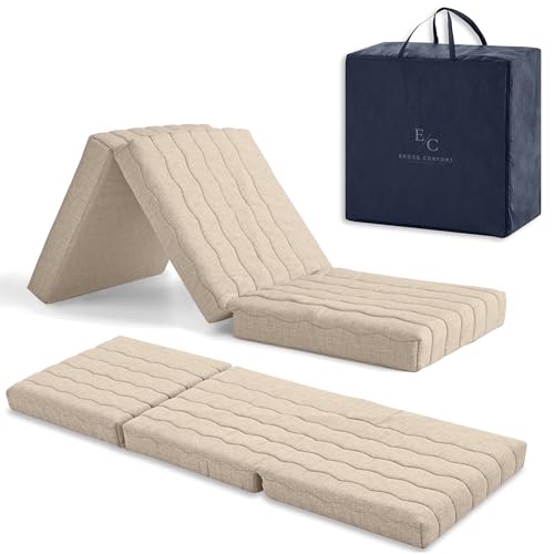 Colchón Plegable Viscoelástica Invitados 75x195 Espuma HD + 2 cm Visco. Colchón Plegable. Muy Versátil. Transpirable. Funda Desenfundable. Altura 12 cm Color Beige. con Bolsa de Transporte.