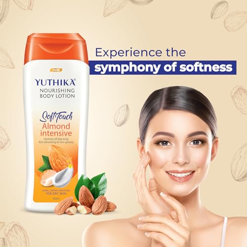 Image of Yuthika Naturals Almond Soft Touch 300ml Body Lotion for Women & Men | 72Hr Hydration | for Dry to Very Dry Skin | Enriched with Almond Oil | Non Greasy & Healthy Looking Skin