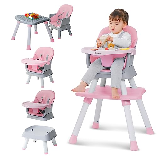 Image of ZEBRATER Baby High Chair,8 in 1 High Chairs for Babies and Toddlers,Convertible High Chair for Baby, Kids Learning Table,Building Block Table,Kids Stool Table Chair Set with Removable Tray(Pink)