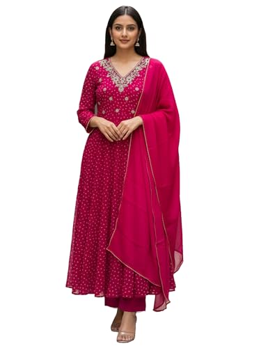 Image of INDO ERA Women's Georgette Floral Embroidered A-Line Kurta & Pant with Dupatta Set