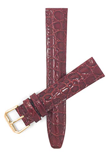 Bandini 12mm Womens Italian Leather Watch Band Strap - Burgundy - Glossy - Padded - Crocodile Pattern - Gold Buckle
