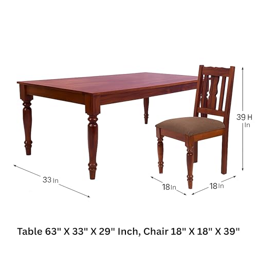 Image of Sheesham Wood 6 Seater Dining Table Set with 6 Chairs | Solid Wood Dining Room Set for Home & Kitchen | Maple Finish | Table (63x32x29 inch), Chair (18x18x39 inch)