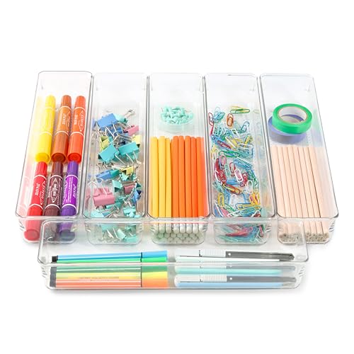 Image of ihomecooker 6 Set Clear Plastic Junk Drawer Organizer Vanity Curlery Utensil Makeups Organizer for Kitchen 12'' X 3''