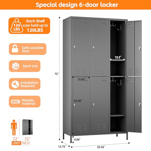 Image of SUPEER 6 Door Metal Storage Locker for Employees, Heavy Duty Steel School Locker with Adjustable Shelves and 18 Hooks,Metal Lockers for Office, Gym, Home Garage, 72 inch H x 35.4 inch W x 15.75 inch D,Dark Grey