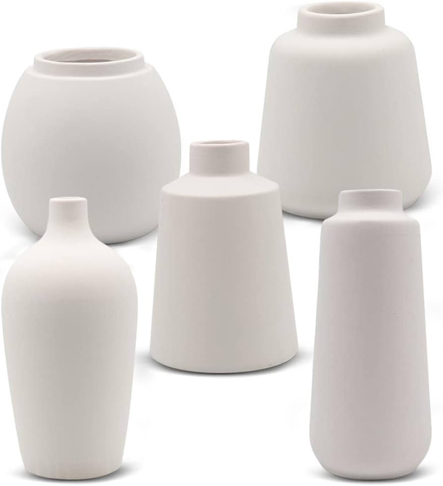 Koyal Wholesale 5Pcs Ceramic Vase Bud Modern Home Decor Boho White Ceramic Vase Bulk for Wedding Centerpiece Japandi Small & Tall Ceramic White Bud Vase