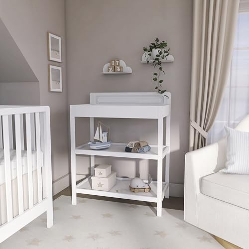 Image of Dream On Me Avery Baby Changing Table with Storage, New Zealand Pinewood, BSA Safety Certified, 2 Open Shelves, Water-Based Finish, Compact Space-Saving Nursery Design, White