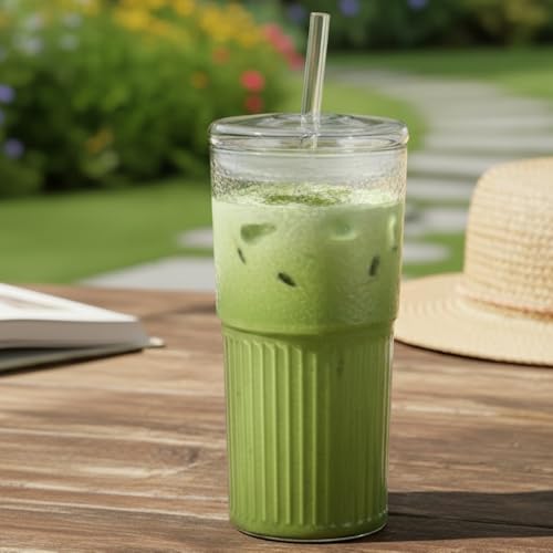 Image of ginoya brothers 600ml Glass Mason Tumbler with Lid and Straw - Leakproof Reusable Drinking Cup for Juice, Smoothies, Iced Coffee, Tea, Cold Beverages. (Pack of 1)