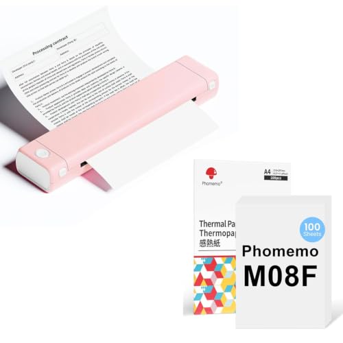 Impresora portátil A4 Phomemo M08F rosa con 100 hojas térmicas para oficina y documentos en casa