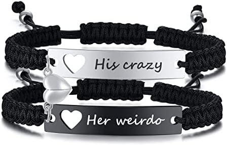 TempBeau Couple Bracelet Friendship Braided Black : Men Women Bracelets Adjustable with Stainless Steel Heart for Boy Friend Girl Friend Husband Wife Family Valentine Gift