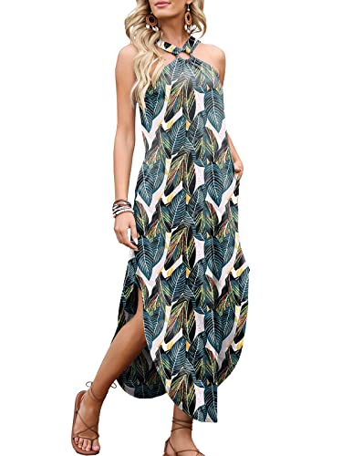 Anrabess Womens Summer Printed Criss Cross Tank Sleeveless Split Long Maxi Beach Dress With Pockets 478Shuye-Xl Leaf #TOP3