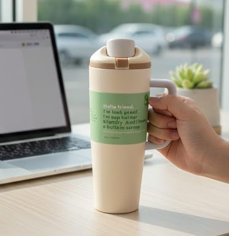 Image of HomeCloud 1200ML Stainless Steel Tumbler with Handle, Lid & Straw - Large Insulated Travel Mug Water Cup for Gym, Office, Travel & Outdoor Use (Cream Beige)