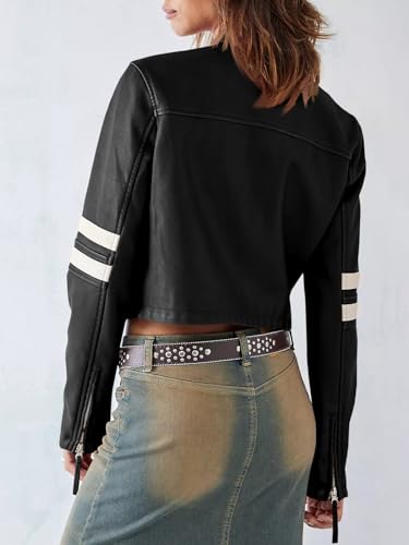 Saodimallsu Women’s Faux Leather Jackets Zip Up Stand Collar Cropped Motocross PU Coats4