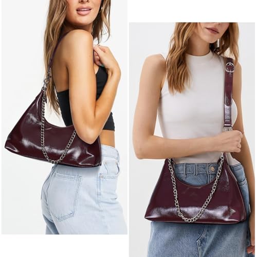 Image of JQWSVE Crescent Shoulder Bags for Women Y2k Purse Hobo Handbag Trendy Glossy Leather Crossbody Bag with Adjustable Strap