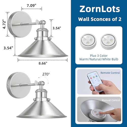 Image of Battery Operated Wall Sconce Set of 2,Vintage Wireless Wall Sconces with Remote,Dimmable Led Wall Lights,Wall Lamp Fixture Indoor Bedroom Living Room Kitchen,LED Bulbs Included,Silver