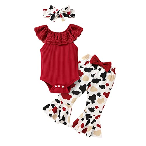 Image of YOUNGER TREE Newborn Infant Baby Girl Clothes Outfits Lace Round Collar Romper Bodysuit Floral Cow Print Pants Headband 3Pcs Summer Clothes Set(0-3 Months,A4 Red)