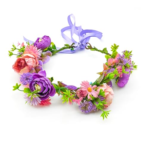 Flower Crown for Women Girls Rose Wreath Headband Garland with Adjustable Ribbon Headpiece for Bride Bridesmaid Hair Accessories for Wedding Party Bridal Shower Photos Props Travel Prom