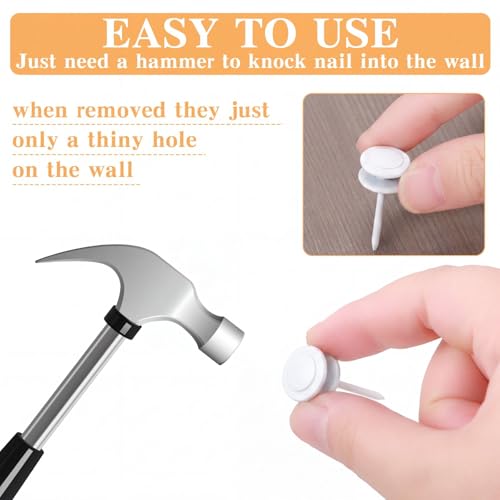 Image of Ferraycle 40 Piece Double Headed Picture Hangers Nails 4 Size Thumb Tacks for Wall Hanging Renter Friendly Decor Heavy Duty Push Pins Wall Nails for Drywall Frame Art, 10 /20 / 30 / 50lb (White)