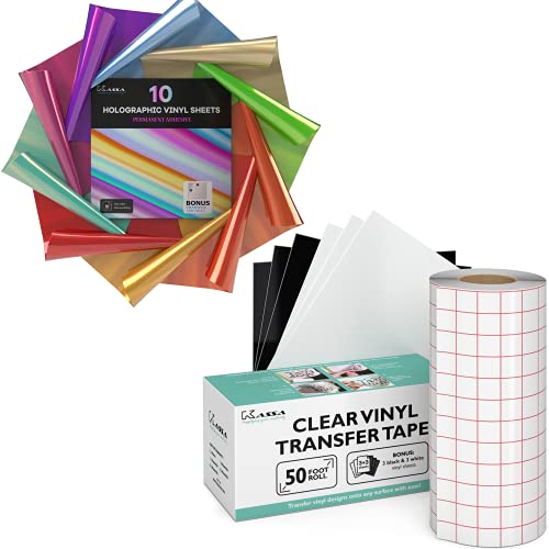 Kassa Vinyl Bundle - Permanent Adhesive Holographic Vinyl Sheets (10 Colors) & 1 Roll Of Clear Transfer Tape Roll (6 In X 50 Ft) #TOP25