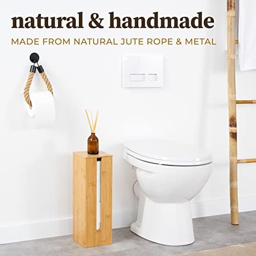 HENNEZ Toilet Roll Holder Wall Mounted - Natural Handmade No Drill Self Adhesive Toilet Roll Holder with rope - Wooden Toilet Roll Holders - Towel Holder Wooden Bathroom Accessories - Loo Roll Holder
