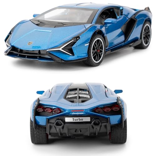 TGRCM-CZ 1/32 Skala Lamborghini SIÁN FKP37 Auto Modell Spielzeug, Ton und Licht Pull Back Auto Zink Legierung Casting Spielzeug für Kinder Jungen Mädchen Geschenk (Blau)
