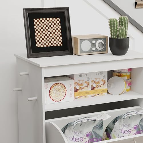 PawHut Haustier-Futterschrank Futterschrank Hund mit Lagerschrank, 2 Edelstahlnäpfen, 3 Haken, Schublade, Futterstation mit offenem Fach, Kipptür, Hundefutterstation für Hunde, 61 x 35,5 x 82 cm Weiß