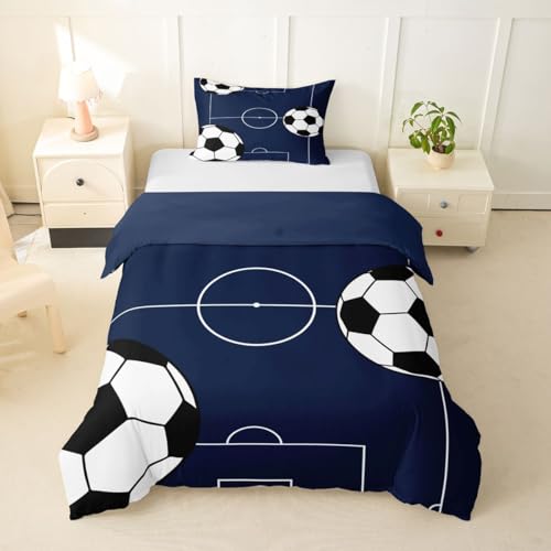 Castle Fairy Football Duvet Cover Kids Soccer Sports Theme Bedding Set Dark Blue Ball Gaming Comforter Cover(No Filler) for Boys Girls Kids Room Decor Bedding Set Twin Size with 1 Pillowcase