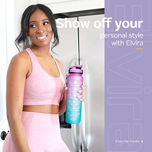 Image of Elvira 32oz Large Water Bottle with Motivational Time Marker & Removable Strainer,Fast Flow BPA Free Non-Toxic for Fitness, Gym and Outdoor Sports