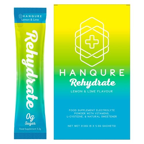 Hanqure Rehydate | Hydration Sachets with Electrolytes for Rehydration & Fast Recovery by Hanqure Formally Hangcure. Sugar Free Made in the UK. Contains 6 Single Serving Sachets (Lemon and Lime)