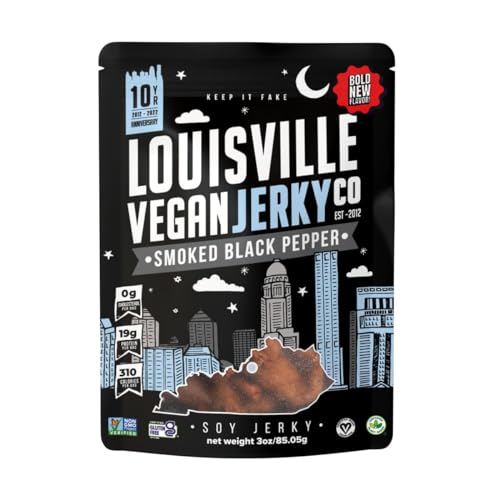 Louisville Vegan Jerky - Smoked Black Pepper, Vegetarian & Vegan-Friendly Jerky, 21 Grams of Non-GMO Soy Protein, 240 Calories Per Bag, Gluten-Free Ingredients (3 oz, 3-Pack)