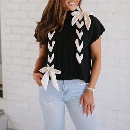 Image of Argeousgor Womens Y2k Lace Up Ribbon Sweater Vest Bow Twist Cap Sleeve Crochet Vest Mock Neck Pullover Knit Sweaters (Black, M)