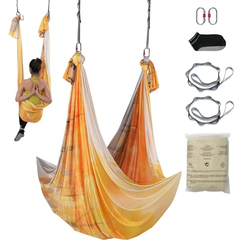 VEVOR Aerial Yoga Hängematte Set 5 x 2,8 m, Golden Aerial Yoga Swing Air Fliegen, Yoga-Schaukel Hammock Swing 1000 kg Max. Tragfähigkeit, inkl. Yoga-Socken & Stahlkarabiner, Anti-Gravity-Übungen